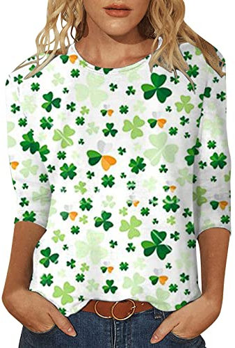 HOOUDO Damen Langarm Oberteil Sommeroberteile, Dreiviertelärmel, Rundhals-T-Shirt, St. Patricks Day, Bedruckt, lose, seitlich Geteilte Tunika-Bluse Damen Shirt (Q, M)