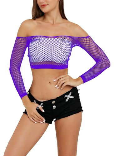 Lemon Girl - Top a rete da donna, babydoll, a maniche lunghe, taglia 38-48, Viola, taglia unica