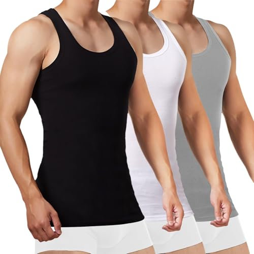 FALARY Sportunterhemden für Herren Tank Top Herren Baumwolle Männer Tanktops Unterhemd Herren Muskelshirts Sport Unterhemden 3er Pack,(Schwarz Weiß Grau,L)