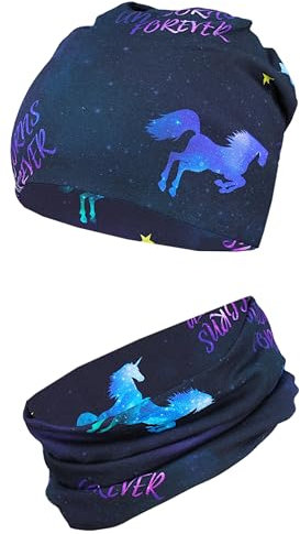 TupTam Mädchen Kinder Beanie Mütze Schlauchschal 2er Set Herbst Winter gefütterte Übergangsmütze mit Loop, Farbe: Jersey zweilagig - Einhorn Lila Dunkelblau, Hat Size: 56