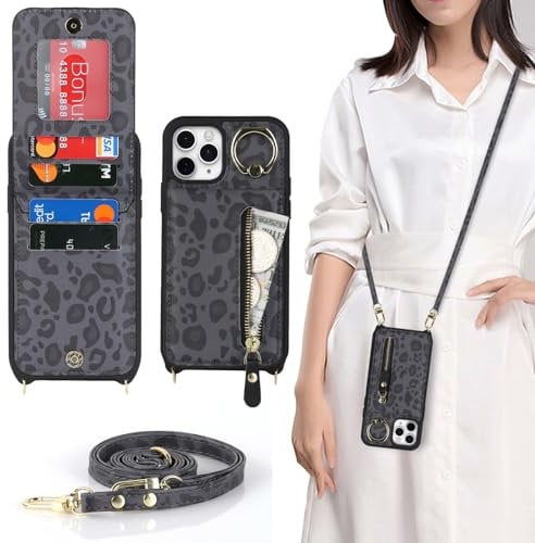 Zouzt for iPhone 11 Pro Max Case with Cord and Card Holde, Zipper Wallet Case with Crossbody Lanyard Ring Adjustable Necklace Protective Cover Women for iPhone 11 Pro Max 6.5 Inch - Black Leopard