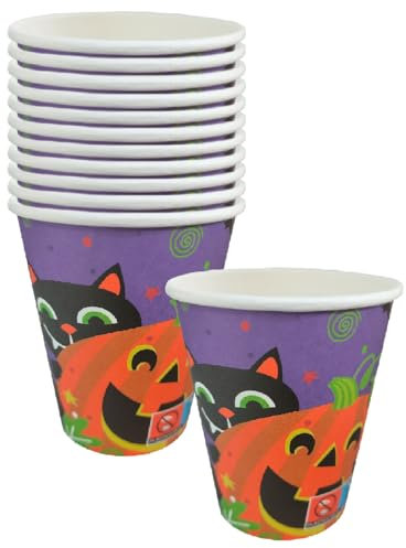 Tradineur - Packs de 48 vasos de Halloween con diseño de calabaza y gato - Fabricado en Papel - Ideal para fiestas de Halloween - 270 ml - Ø 7,5 x 9 cm