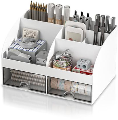 HAOTIAN-X Schreibtisch-Organisator mit Schublade, 8 Raster, multifunktionale Kunststoff-Schreibtisch-Organisator, Aufgeräumt Weiße Schreibtisch-Aufbewahrungsbox, Große Kapazität Schreibtisch Zubehör…