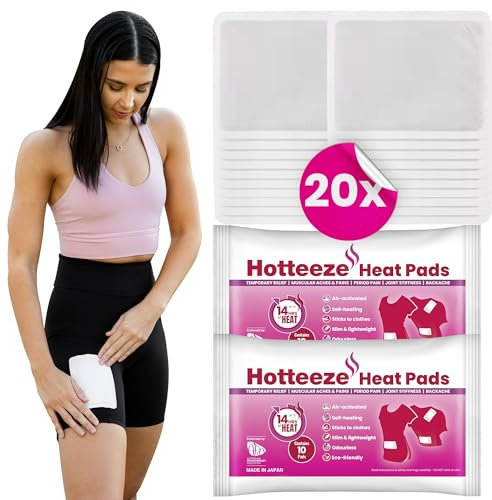 Hotteeze Heat Pads - 20 Pads Fast-Acting, Air-Activated Self-Adhesive Patches for Menstrual Cramps, Muscle Soreness, Back & Joint Pain Relief - Eco-Friendly, Disposable Heating Therapy