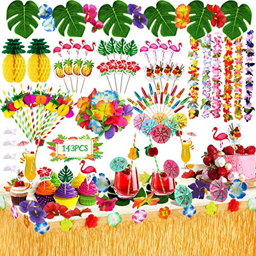MULEVIP Gonna Tavolo Hawaiana 143 Pezzi Set,Foglie di Palma Fiori Hawaiani Cake Topper per Il Partito Luau Hawaiano Decorazioni da Tavola,Festa Hawaiana,Ghirlanda Hawaiana