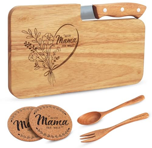 SLDALES Schneidebrett Holz Beste Mama Geschenk,Mutter Weihnachtsgeschenke Geschenke Fruhsticksbrettchen,Holzbrett + Liffel Gabelmit Gravur + Glasuntersetzer