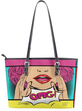 Tote Handbag Unisex style PU Leather Big Shopper Travel Bag (OMG Pop Art, Medium)