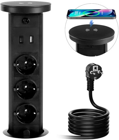3 Fach Versenkbare Steckdose, Versenkbare Tischsteckdose Schwarz mit Kabellosem Ladegerät, Einbausteckdose für Arbeitsplatte für Büro Küche Mit 1 Type A + 1 Type C USB Port, LED beleuchtet Steckdose