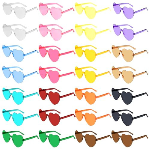 BOUBONI 28 Stück Herz Sonnenbrille für Damen Randlose Herzbrille Transparente Bonbonfarbene Herzchen Sonnenbrille für Partygeschenke (14 Farben)