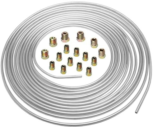 MOCNT 4,75mm Auto Bremsleitung 3/16 Zoll Bremsleitung mit Kupferbeschichtung Silberzink Bremsleitungsschlauch Bremsrohr Auto Ersatz Bremsleitungssatz Länge 7,6m mit 16 Muttern