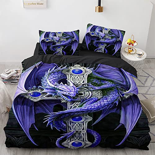 Bettbezug 200x200 Set Dunkler Dragon Motiv Bettwäsche 200x200 3-teiliges 3D Gotisch Drachen Waffen Schwert Druck Bettbezügen aus Mikrofaser mit 2 Kissenbezügen 80x80 cm und Reißverschluss Eckbänder