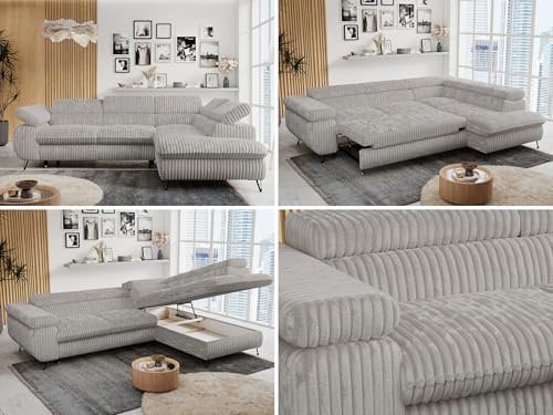 MKS MEBLE Ecksofa Cord Sofa Grau, Wohnlandschaft L-Form mit Schlaffunktion und Bettkasten, Schlafsofa mit Bettkasten, Sofa mit Einstellbare Kopfstützen, Peter L - Hellgrau Cord - Rechts Grau