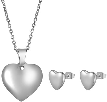 JewelryWe Herz Schmuck Set Damen: Silber 3-Teilig Edelstahl Ohrringe mit Herz Anhänger Halskette Herzförmig Ohrstecker Kette Schmuckset für Frauen Mädchen