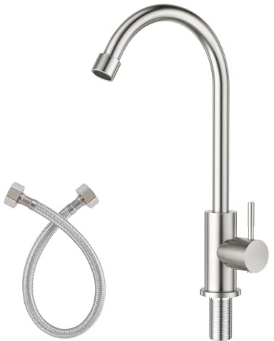 CREA Cold Water Only Faucet for Kitchen Bar Outdoor Sink 1 Hole High Arc 360°Swivle Single Handle Cold Water Tap Brushed Nickel Stailess Steel - 2.2 Extra Long Thread Rod