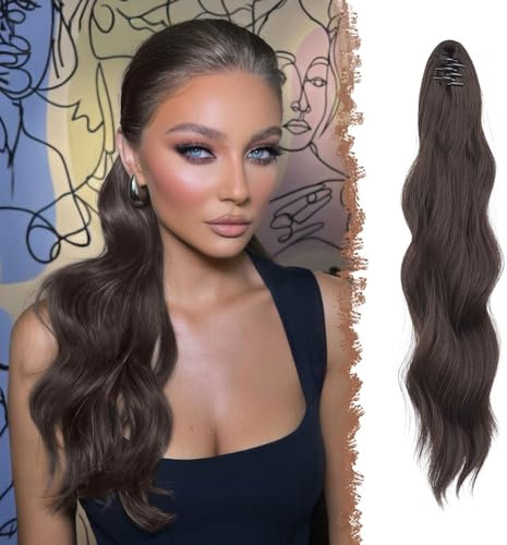 FESHFEN Pferdeschwanz Extensions Klammer, 50 cm Hair Extensions Zopf Lang Pferdeschwanz Haarteil Clip Gewellt Extensions Zopf Braun Pferdeschwanz Haarverlängerung für Frauen