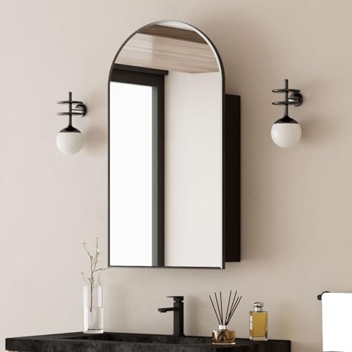 Mepplzian 50x90 Black Bathroom Mirror Cabinet,Surface Mount Arched Mirrored Cabinets Bath Wall,Large Arch Mirrored Cabinets Wall Mounted,Bathroom Mirror with Storage