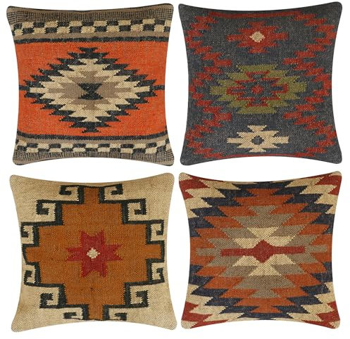 INDACORIFY 4-teiliges Set Kelim-Kissenbezug aus Wolle, Jute, handgewebt, Vintage-Stil, türkisches Kissen, dekorativer Überwurf, Heimdekoration (Muster- 21)