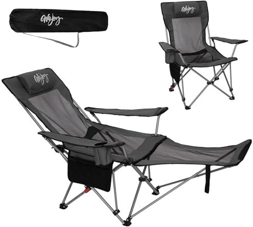 #WEJOY 2-in-1 Campingstuhl Faltbar 180kg mit Fußstütze,Strandstuhl mit 4-Fach Verstellbarer Rückenlehne, Liegestuhl Relaxsessel Liege mit Getränkehalter,Campingstuhl für Camping Outdoor Grau/Schwarz