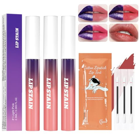 3 Lip Stain Lip Stain Peel Off Lip Tint Peel Off Lip Stain,Langlebiger Effekt,Wasserdicht und Schweißfest,Geeignet für Frauen und Mädchen,Kommt mit 3-Baumwolltupfern Lipgloss (3-Farben)