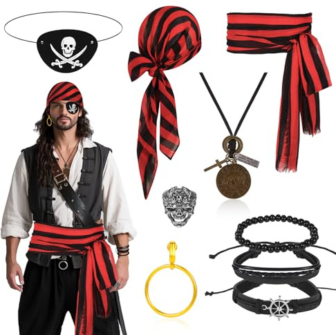 Beipegin 10 Stück Piratenkostüm Herren Damen,Piraten Kopftuch Bandana Pirat Augenklappe Piraten Schmuck Piraten Accessoires Erwachsene für Karneval Halloween Cosplay