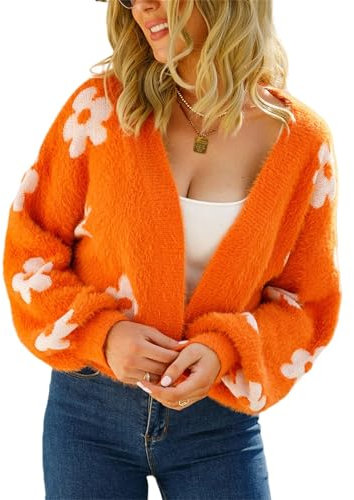 HEYPORK Damen Herbst Winter Warm Bequem Pullover Casual Mode Strickjacke Strickpullover Frauen Strickjacke StraßE Hipster Kurz Gestrickt Pullover Blumen Pullover(A Orange, M)