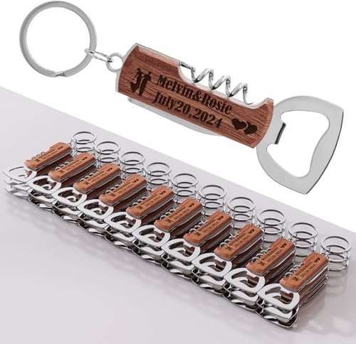 30pièces Décapsuleur en bois de rose multifonctionnel personnalisé pour les fêtes de mariage, cadeaux de mariage pour les invités, porte-clés décapsuleur gravé.