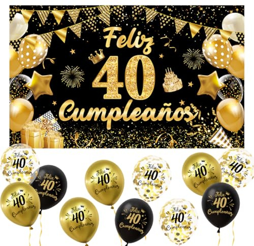 Decoración 40 Cumpleaños Español, Pancarta 40 Cumpleaños + 15 Globos, Banderola de Feliz 40 Años ,Decoracion 40 Cumpleanos Chica chico, Kit Decoración Fotos para Fiestas Negro y Dorado
