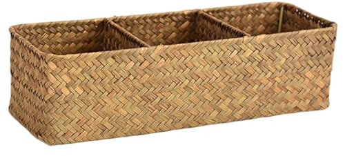 Canasta de ratán, cesta de almacenamiento de ratán, contenedor tejido de 3 compartimentos con mango para cosméticos, llave, joyería, decoración del hogar retro 13x5x4
