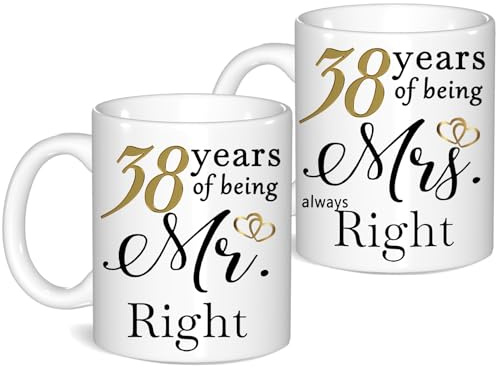 38 Year Anniversary Coffee Mugs Set of 2, 38th Anniversary Wedding Gifts for Wife Husband Parents Grandparents Men Women Him Her, 38 Year Valentines Engagement Couple Cups