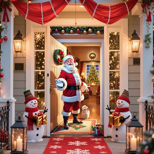 ECBEITF Christmas Door Cover Decoration 78.74 × 35.43 inch, Santa Claus Door Backdrop with Self-Adhesive Hook and Loop Strips, Xmas Party Door Hanging Cover Decor for Inside Outside Use