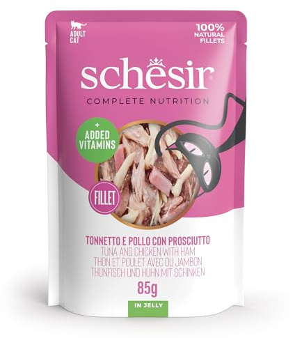Schesir, Thunfisch und Huhn mit Schinken in Gelee, vollständiges Nassfutter für Katzen, im Beutel, 100 % natürliche Zutaten, Cruelty Free, 12 × 85 g