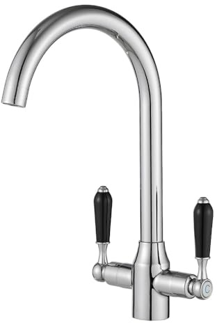 Heable Chrome Kitchen Sink Mixer Tap with Black Ceramic Dual Lever Monobloc Victorian Style Kitchen Taps 1 Hole Elegant Swivel Mono Traditional Sink Faucet with Flexible Hoses