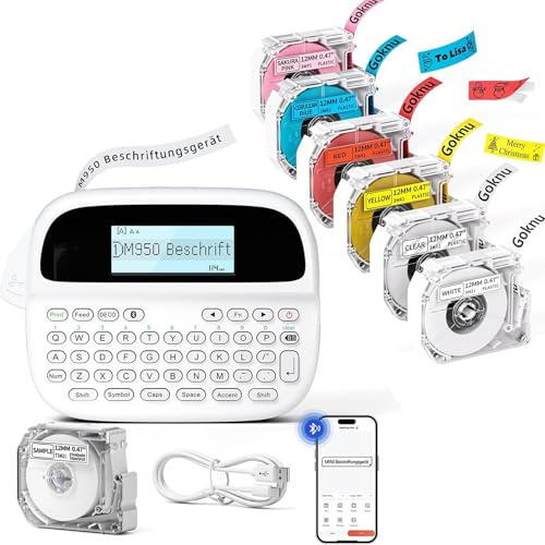 Goknu 7 Rollenetikett+ Beschriftungsgerät Selbstklebend M950, Bluetooth Etikettiergerät mit Lithium-Akku, Etikettendrucker mit QWERTZ Tastatur & LCD Display, Wasserfester Labeldrucker für Schule,