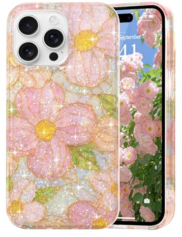 Ethanger für iPhone 15 Pro Max Hülle Blumen, Rosa Blume | Aesthetic Blumen Collage Muster Flower Design Handyhülle, Dünne Hardcase mit Glitzer Farbige Folie, Transparent Schutzhülle