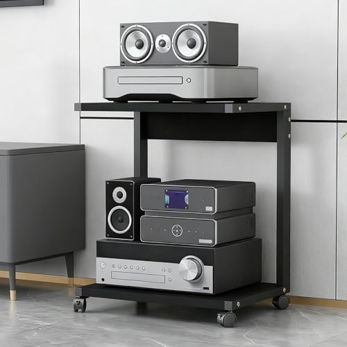 Estantería de Audio y Video de 2 Niveles con Ruedas, Soporte TV para Home Cinema, Estante Multimedia para Oficina, Mueble Compacto con Estructura de Acero y Fácil Movilidad(Black,50x40x65CM)