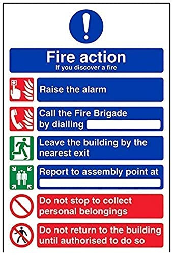 V Safety 12009AU-S General Fire Action 6 Message Sign - Portrait - 200mm x 300mm - Self Adhesive Vinyl, Black/Blue/Green/Red