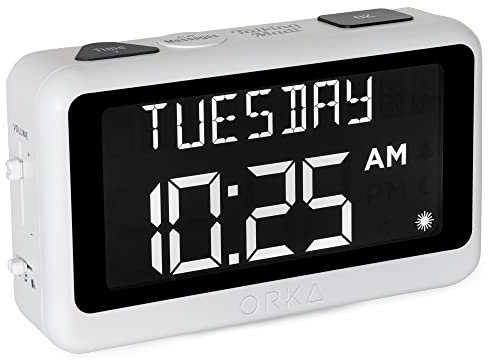 ORKA Horloge parlante à enregistrement vocal pour démence, audition, personnes âgées malvoyantes avec plusieurs alarmes personnalisées, blanc