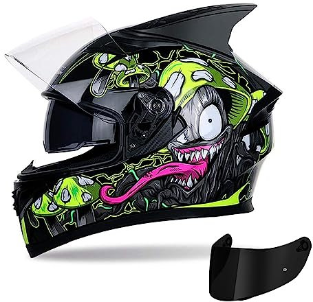 FREEUP Motorradhelm Integralhelm Roller Helm für Damen Herren Fullface Helme mit Doppelvisier Sonnenblende, Klarem Visier Oder Schwarzem Visier, Grün Glänzend,Schwarz,XL