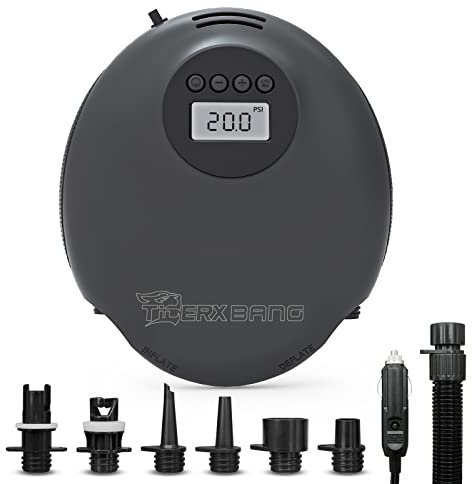 TIGERXBANG Bomba de tabla de paletas de alta presión de 20 PSI con pantalla digital LCD portátil, bomba de aire eléctrica para inflables, conector de coche de 12V DC, función de apagado automático
