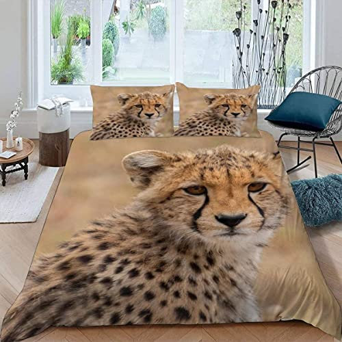 Bettwäsche 135x200 Kinder Löwe Leopard Bettwäsche-Set 3D Motiv Bettbezüge mit Reißverschluss Jungen Mädchen Weiche Angenehm 100% Mikrofaser Baby-Gepard Bettbezug mit 2 Kissenbezug
