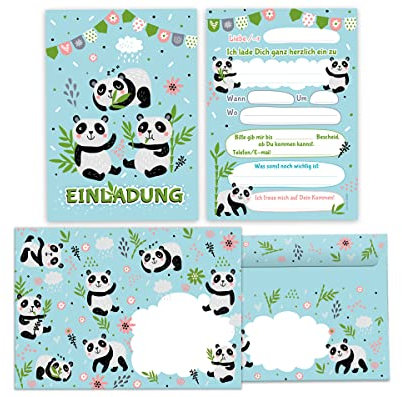 12 Einladungskarten incl. 12 Umschläge zum Kindergeburtstag Geburtstag Mädchen Jungen Panda