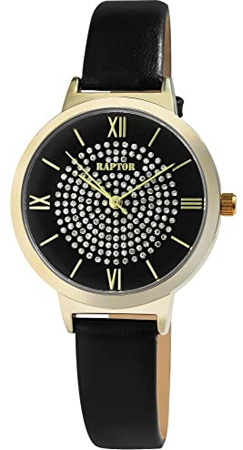 Raptor Tess Damen-Uhr Leder Similistein Dornschließe Analog Quarz RA10227 (schwarz goldfarbig)