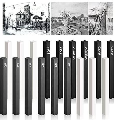WUIOWPPIC 18Pcs Compressed Charcoal Square Strips Graphite Sketch Pencil Create Sketches Shadows Sticks Drawing Set Suitable for Artists Beginners, Gray, White