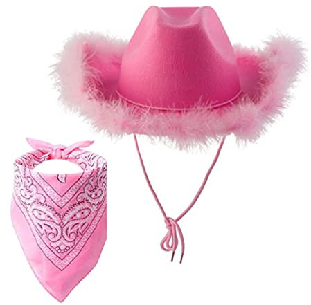 NOPEILVI Chapeau de cowboy pour femmes, chapeaux de bord de plume moelleux chapeaux de de couleur unie, chapeau de cowboy rose chapeaux de cow-girl avec écharpe accessoire déguisé pour une fête de