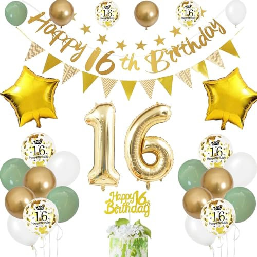 Luftballon 16. Geburtstag Salbeigrüne - Deko Set Mit Folienballon Zahl 16, Banner, Tortendeko für Junge Mädchen - 16 Jahre Feier