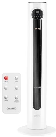 VonHaus Tower Fan 40 – Portable Electric Free Standing Cooling Fan for Home, Office, Living Room, Bedroom – 8 Speeds, 3 Modes, Remote Control, 8hr Timer, 45° Oscillating, Quiet Operation, LED Display