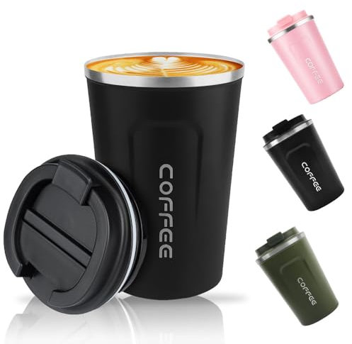 HZYUEKUN 380 ML Coffee Cup Mug Travel Mug with Leakproof Lid Stainless Steel Keep Warm Cold Insulation Protection Protable Reusable Cup Drink Coffee Water for Travel School Work(Black)