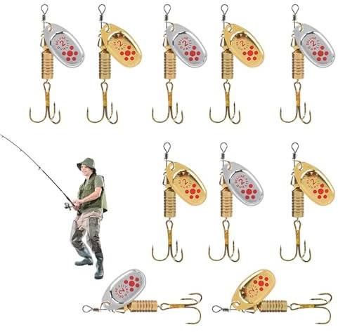 Nuyhadds Gold Silver Fishing Lures, Spinner Baits - Pack of 10 Carbide Spinner Baits | Carbide Casting Spoon Bait, Saltwater Triplets for Effective Trout and Bass Fishing