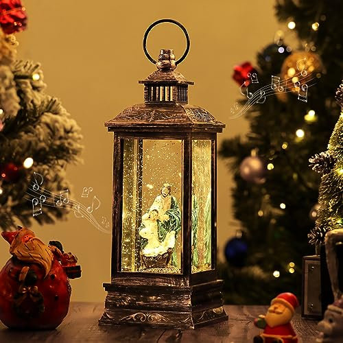 Lewondr Schneekugel Weihnachten mit Spieluhr, Elektrisch Schneekugel Winter Weihnachtskrippe mit Musik/Licht/Timer Weihnachtsdeko Laterne Weihnachtslicht Batteriebetrieb/USB Beleuchtung, Schwarzgold