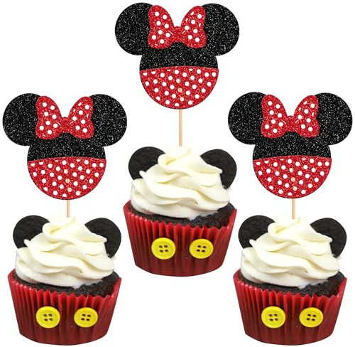 24 Pack Mouse Inspired Cupcake Toppers Glitter Bow Mini Mouse Cupcake Picks Baby Shower Kids Boys Girls Birthday Party Cupcake Decorations Supplies